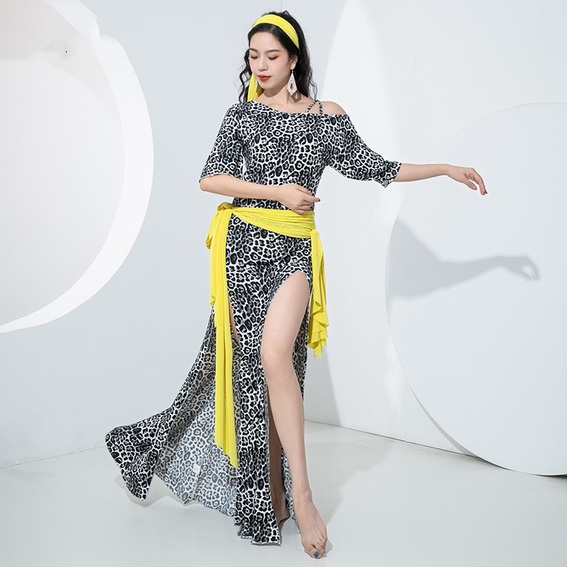 Robe Baladi Épicée Égyptienne à Imprimé Léopard, Costume de brevdu Ventre Sexy, Fendue sur le Côté, avec Ceinture, 4 Pièces