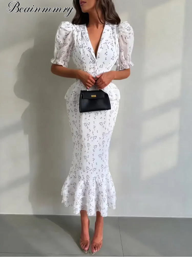 Nouvelle Robe Plissée Imprimée à Col en V et Taille Cintrée, Manches Courtes à Revers, Taille Haute, Longueur Midi, Élégante pour Femme, Collection Été