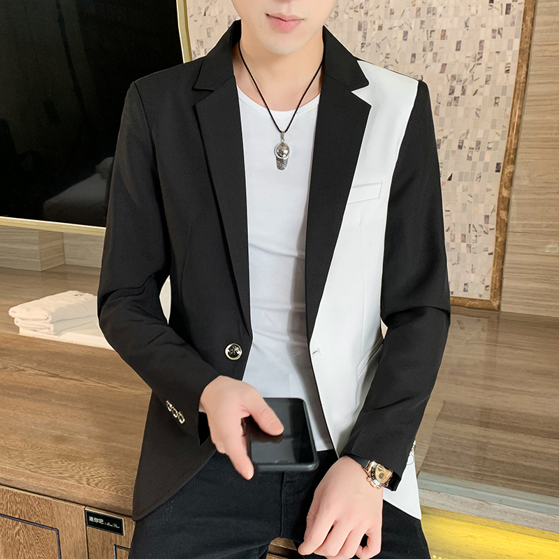 Blazer décontracté pour hommes, vêtements de mode coréens, veste imbibée de patchwork, vêtements fins d'été pour hommes, beau manteau ajusté, rouge, blanc, bleu