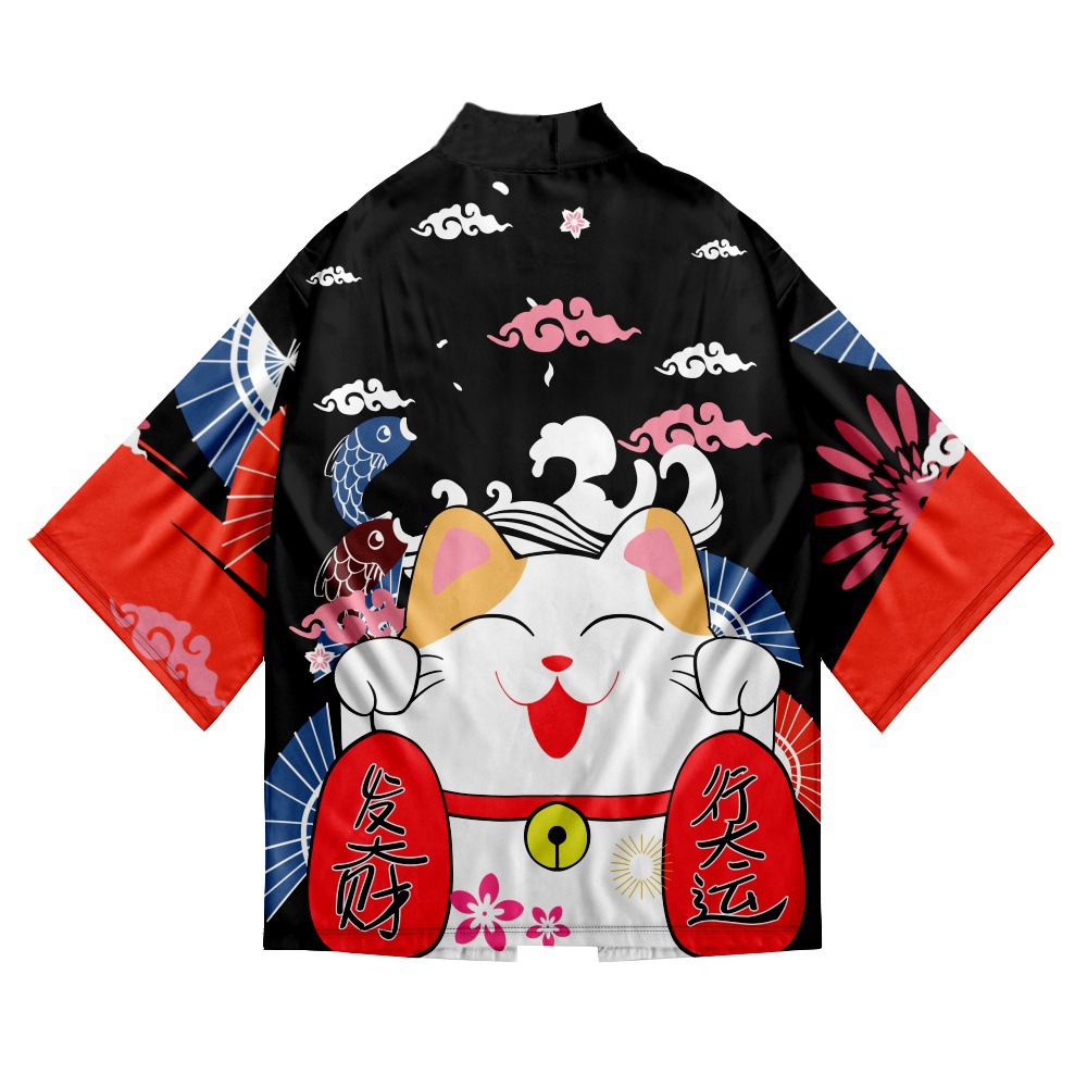 Kimono japonais imprimé samouraï chat Sakura pour hommes et femmes, Cardigan Haori, Costume traditionnel, cape ample à manches courtes, S-3XL