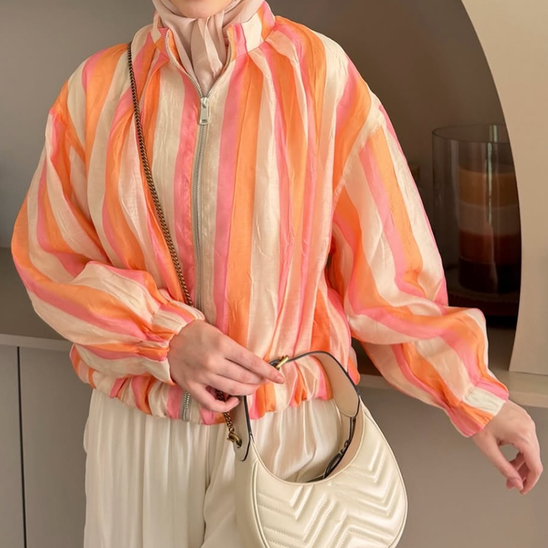 Veste pour femme 2026 Nouvelle collection été à manches longues, coupe ample, à rayures, élégante et chic, avec une touche de personnalité, vêtement d'extérieur pour femme