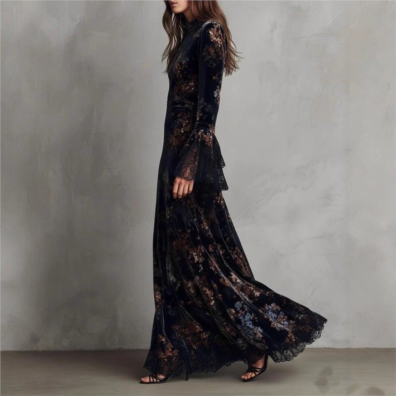 Robe vintage pour femmes en velours à imprimé floral, élégante, à col mi-haut, manches longues, bordure en dentelle, robe moulante, robe maxi décontractée et tendance.