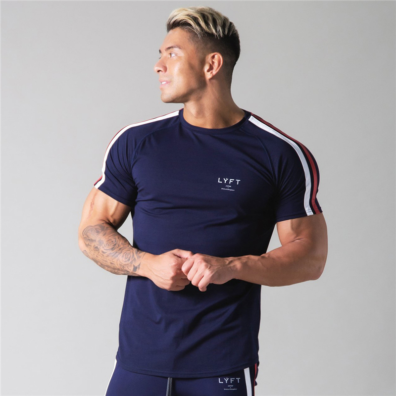 Côté rayé GYM course hommes T-Shirt à manches courtes sport T-Shirts musculation Fitness hommes entraînement coton T-Shirt hommes chemise