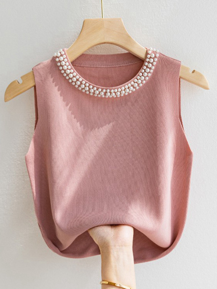 Corée tricoté gilets femmes haut solide réservoir Blusas Mujer De Moda été nouvelle mode femme sans manches perles décontracté mince hauts