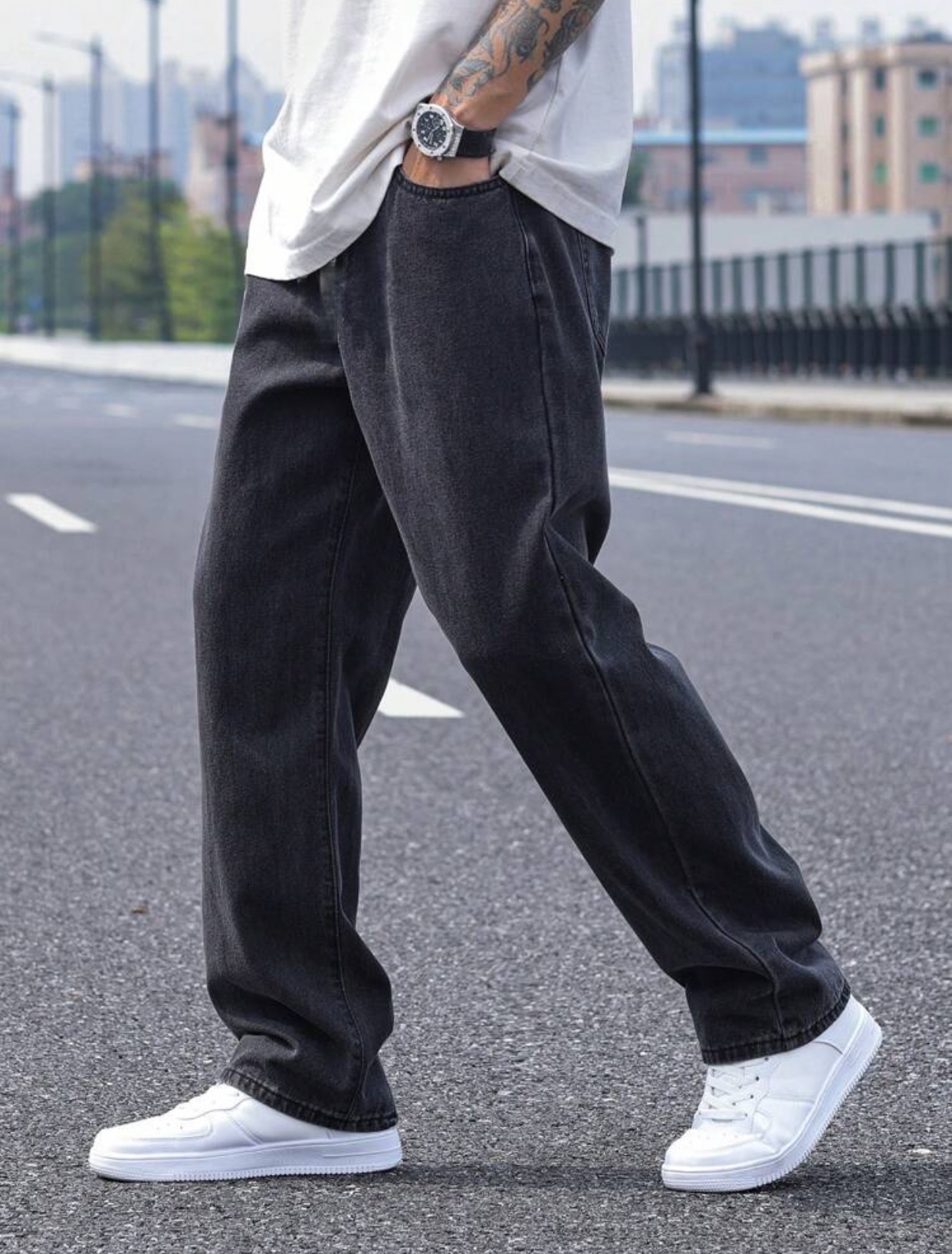 2025 nouveaux jeans longs décontractés pour hommes, jeans classiques à jambes droites et jeans à jambes larges pour hommes, couleur unie