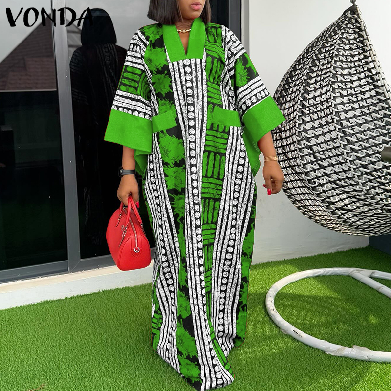 Grande taille 5XL VONDA Vintage Robe imprimée femmes été fête Maxi Robe col en v 3/4 manches décontracté surdimensionné bohème longue Robe