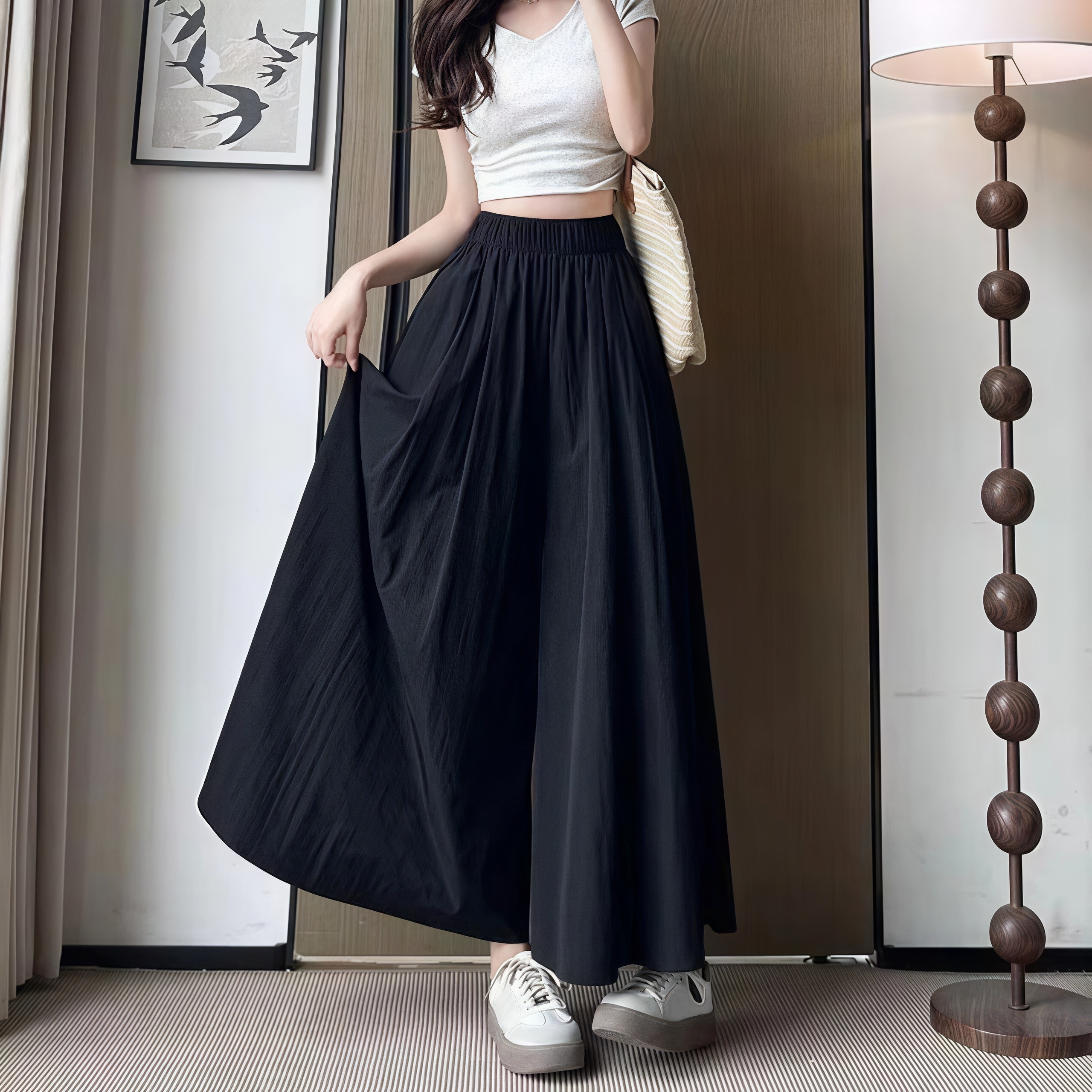 Pantalon-jupe d'été en soie glacée pour femmes, taille haute, élastique, plissé, à jambes larges, ample, fluide, léger, décontracté, long, style palazzo.