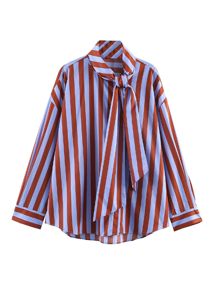 Chemisier Popeline Rayé Ample et Polyvalent à Manches Longues et Nœud Décoratif pour Femme – Collection Printemps
