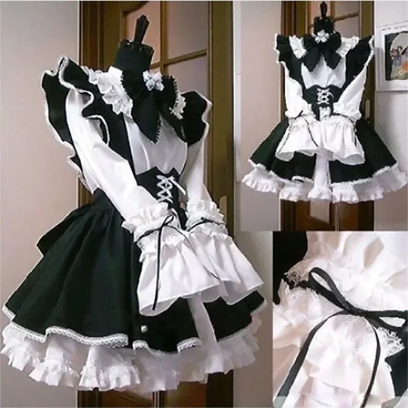 Tenue de femme de chambre Lolita Cosplay pour hommes et femmes, costume mignon, uniforme noir et blanc, robe tablier, nœud mignon, Mucama, Sexy 7.0 Kawaii 73