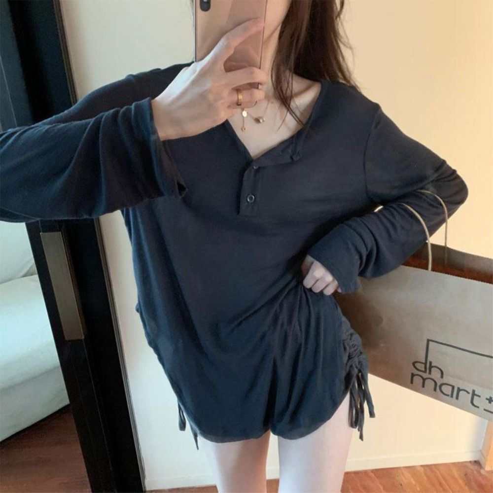 Mode coréenne Y2k, débardeur à boutons, col en V, crop top, t-shirts à manches longues pour femme