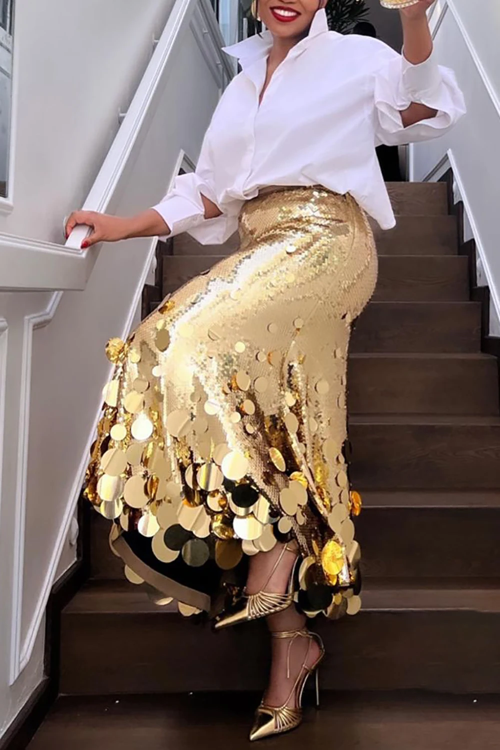 Jupes formelles grande taille pour femmes, élégantes, longues paillettes dorées, soirée, Club, taille haute, jupes de Cocktail décontractées