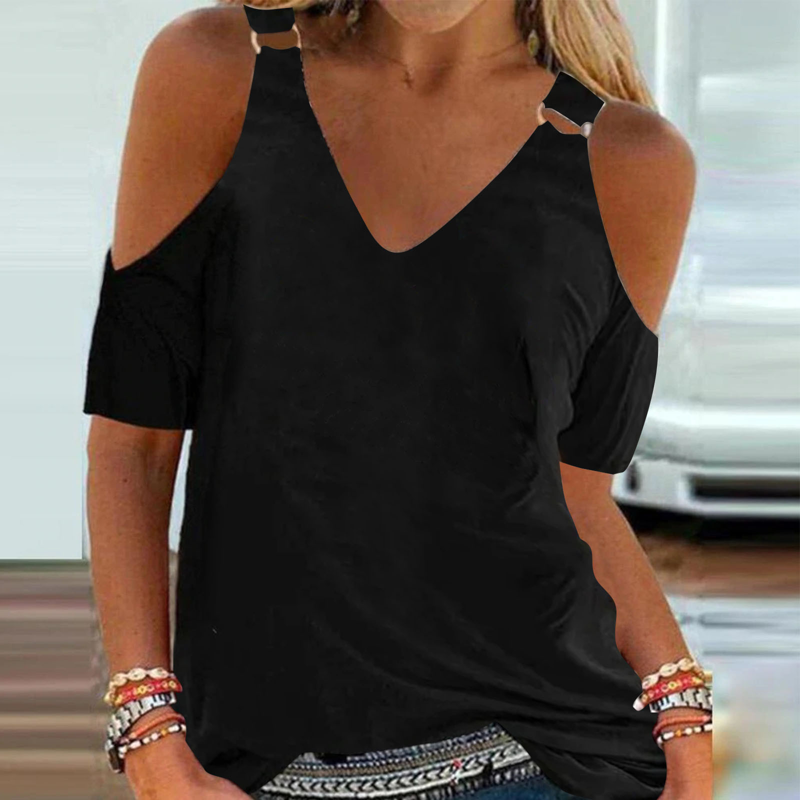 Chemisier décontracté d'été pour femme, haut à épaules dénudées, col en V, couleur unie, t-shirt à manches courtes, vêtements pour femme