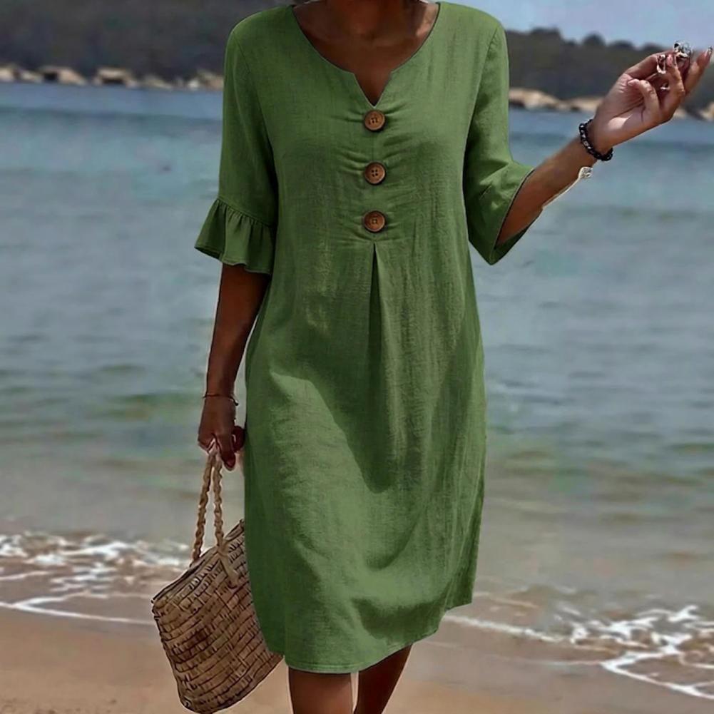 Robe d'été en coton et lin pour femme, robe sexy à col en V avec boutons, robe mi-longue à manches courtes à volants, robe de plage à col rond