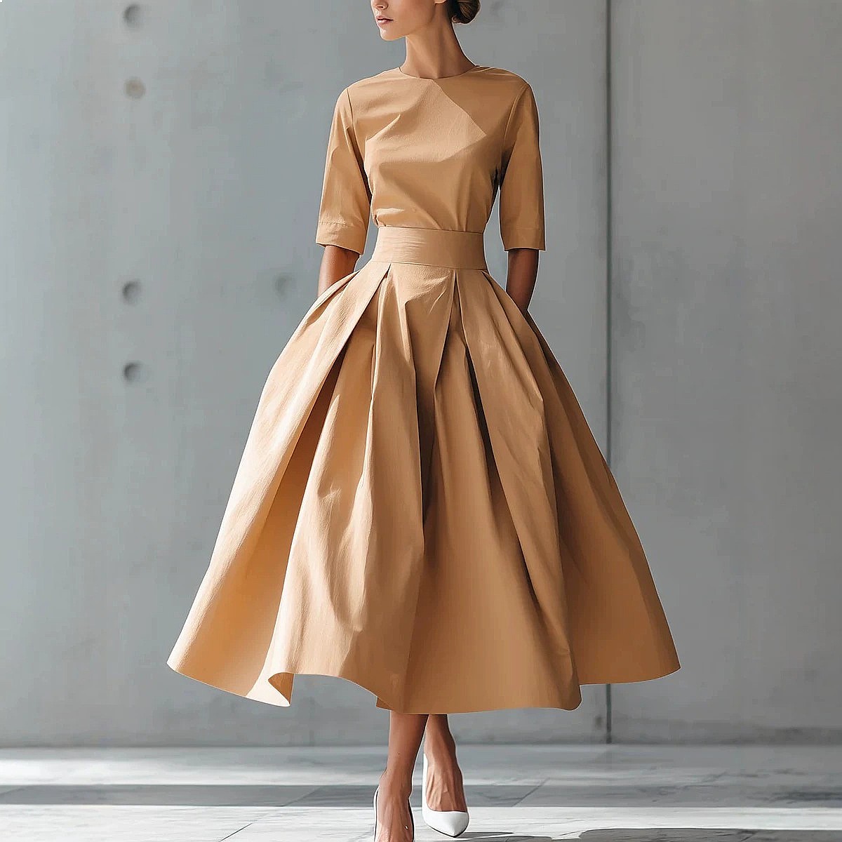 Robe élégante coupe trapèze, manches courtes, couleur unie, fluide, mi-longue, pour le printemps et l'été, ensemble assorti