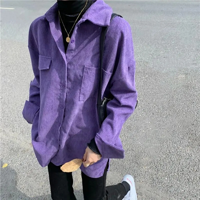 Cardigan en velours côtelé violet paresseux pour femmes, coupe couvertes mi-longue, version coréenne, manteau de chemises, chemisier femme, automne, hiver, nouveau