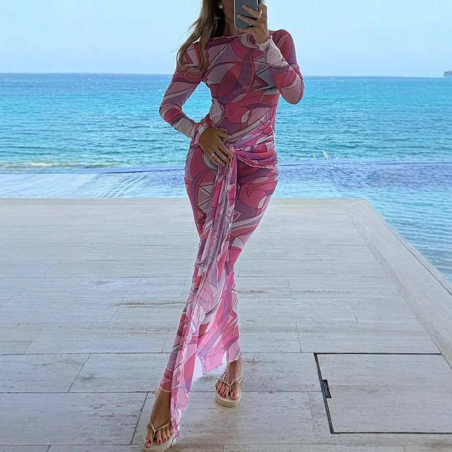 Nouvelle Robe Longue en Maille Imprimée Transparente pour Femme, Style Plage et Vacances, Coupe Ajustée aux Hanches, avec Lacets, Rose Rouge, Maxi Vestidos 2025