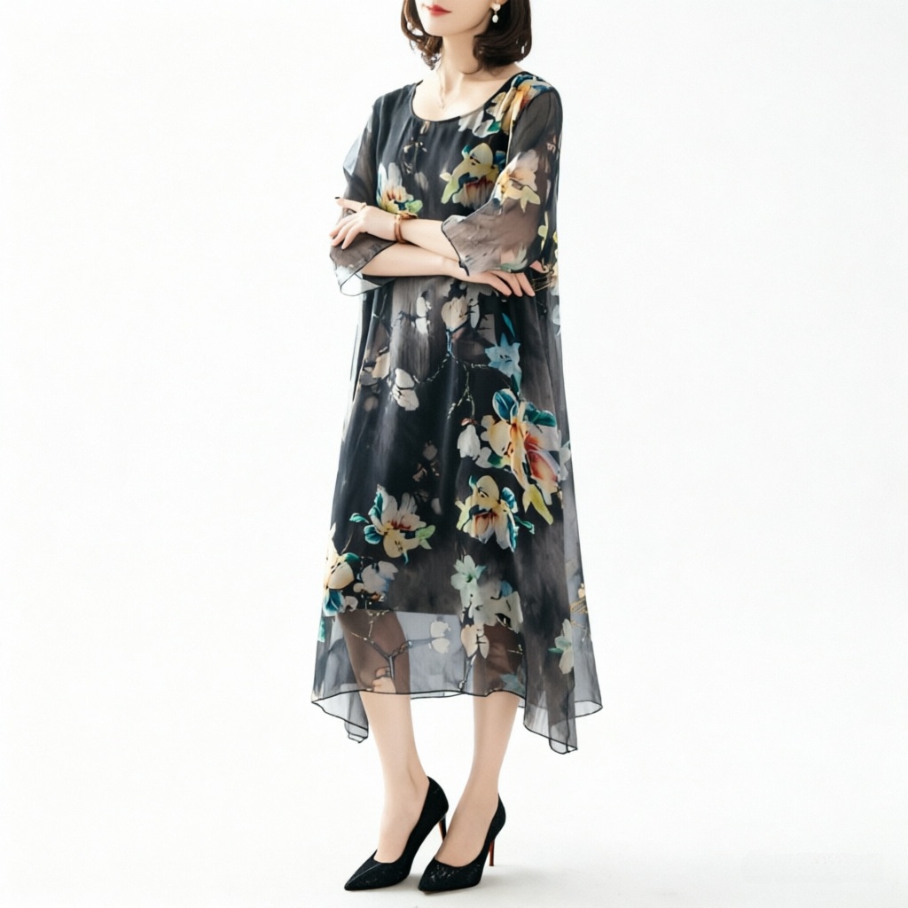 Robe midi grande taille pour mères d'âge moyen, nouveau style d'été, robe en tulle, cache-ventre, amincissante, jupe trapèze, décontractée et confortable
