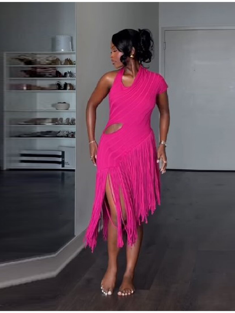Robe Chic Vintage Tendance et Élégante à Volants et Franges pour Femme – Robe Longue Tricotée Glamour et Modeste pour le Printemps