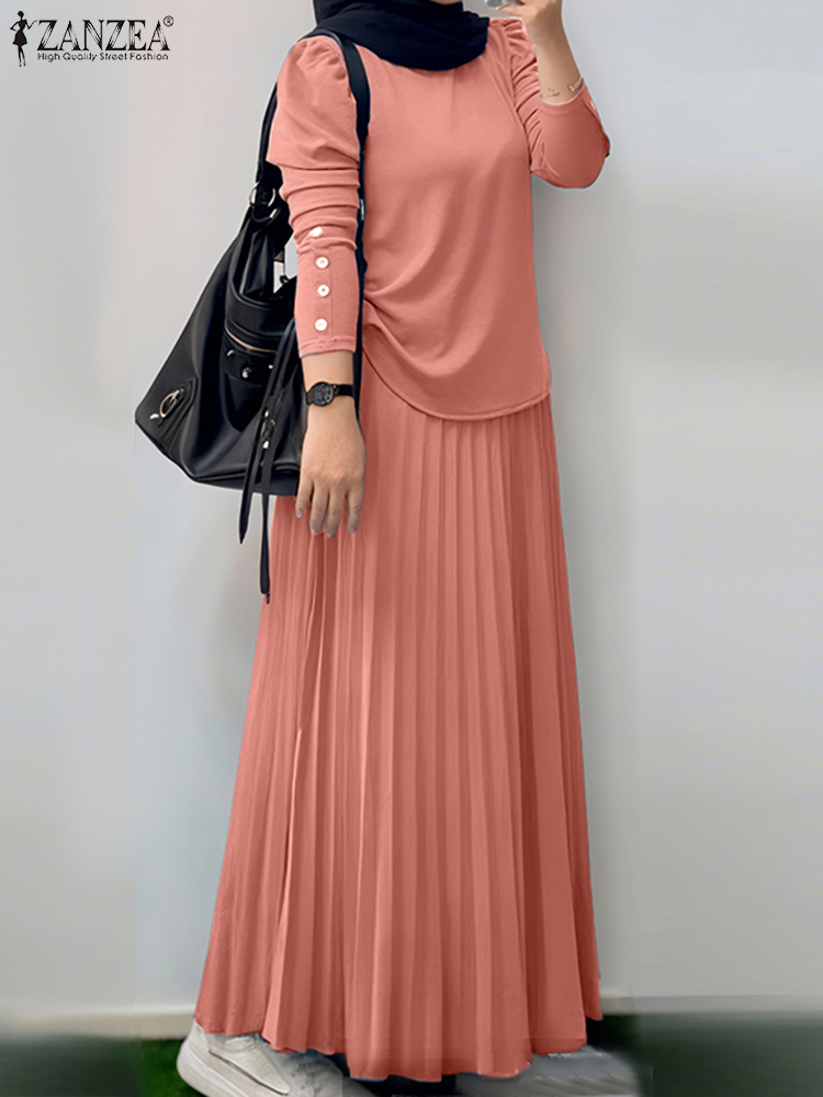 ZANZEA musulman Hijabi 2 pièces ensembles jupes Maxi plissées et chemisiers froncés à manches longues 2 pièces costumes tenues modestes islamiques 4 couleurs
