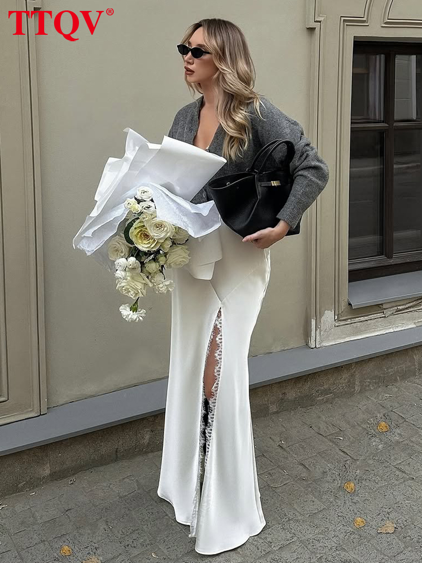 TTQV – jupe longue en Satin blanc pour femmes, ample, Sexy, taille haute, élégante, classique, fendue, vêtements féminins, 2026