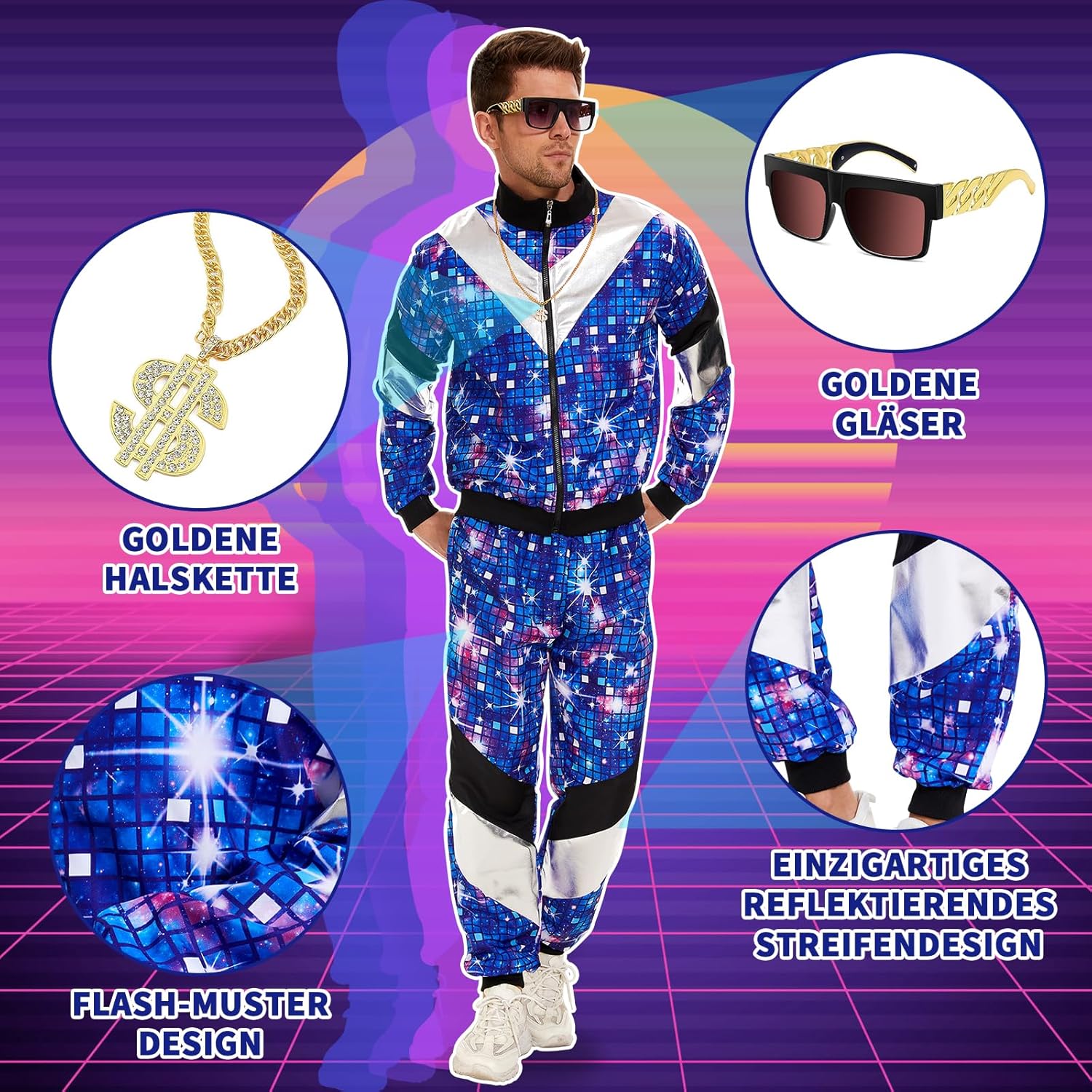 Costume de carnaval trempé pour hommes et femmes, survêtement, accessoires de fête, veste Chang, FJOutfit, années 80, années 90