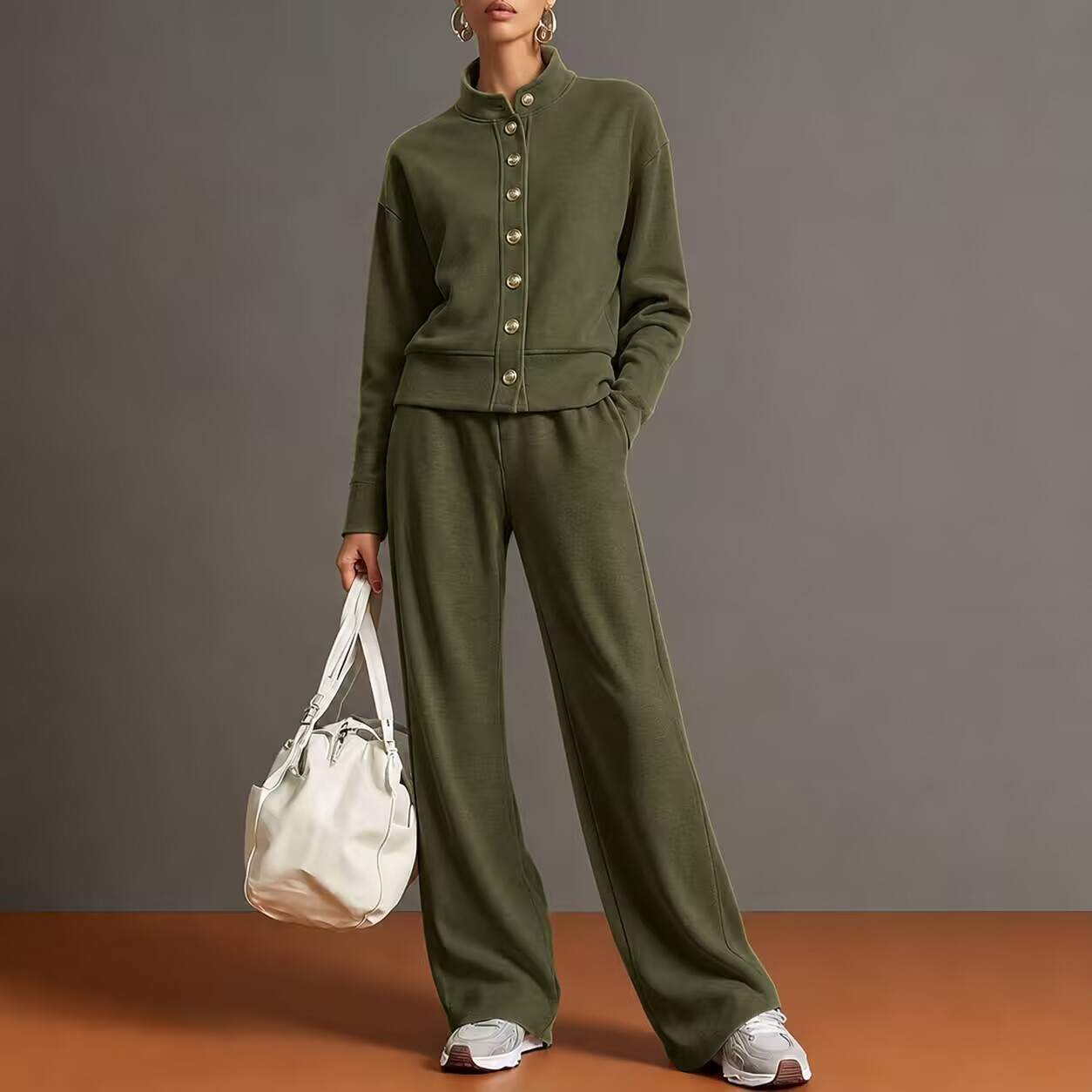 Ensemble 2 pièces pour femmes : veste courte à col montant et boutons sur le devant, hauts à manches longues, pantalon à jambes larges et taille élastique, ensemble uni et décontracté.