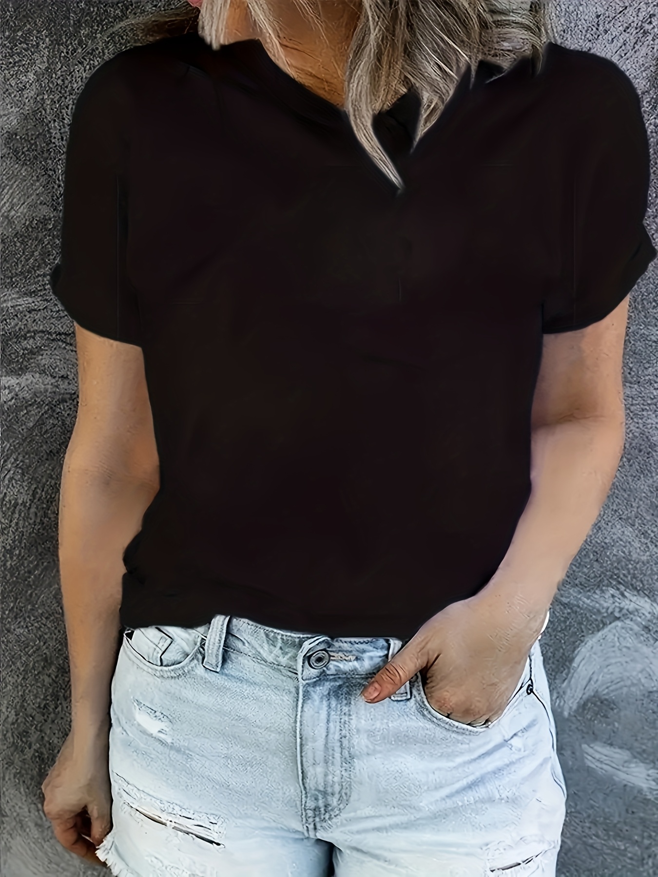 T-Shirt décontracté de couleur unie pour femmes, haut doux à manches courtes et col rond pour tenue décontractée noir, t-shirts pour dames, vêtements esthétiques