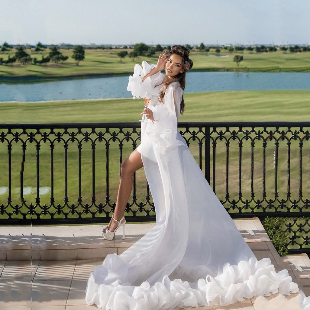Robe de mariée blanche à volants, manches longues, en organza transparent, robe de soirée superposée, robes de mariée sur mesure pour femmes, peignoir à étages