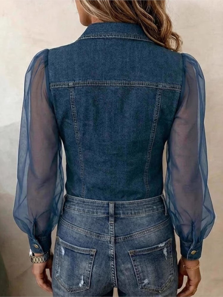 Chemisier élégant décontracté en mousseline imitation jean à col en V et manches longues pour femme – Nouvelle collection automne – Idéal pour les fêtes et les occasions décontractées