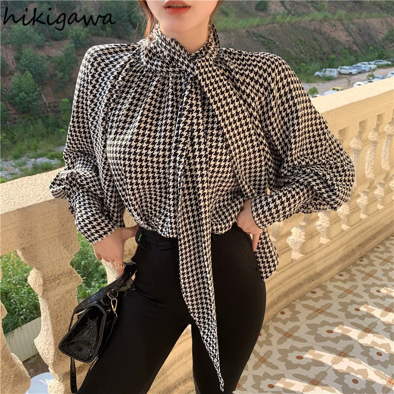 Mode chemises à carreaux pour les femmes col montant pansement nœud lanterne manches Blouses coréen Vintage hauts amples 2025 Camisas De Mujer