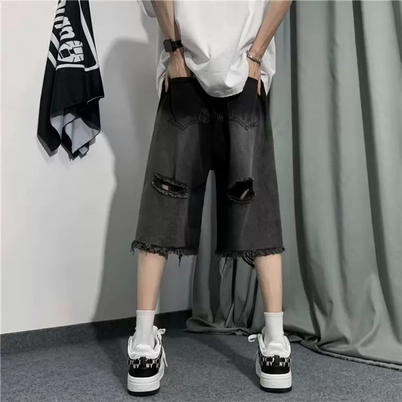 Jeans déchirés pour hommes, pantalon en denim, pantalon court, décontracté, été, vintage, streetwear, jambe large, élégant