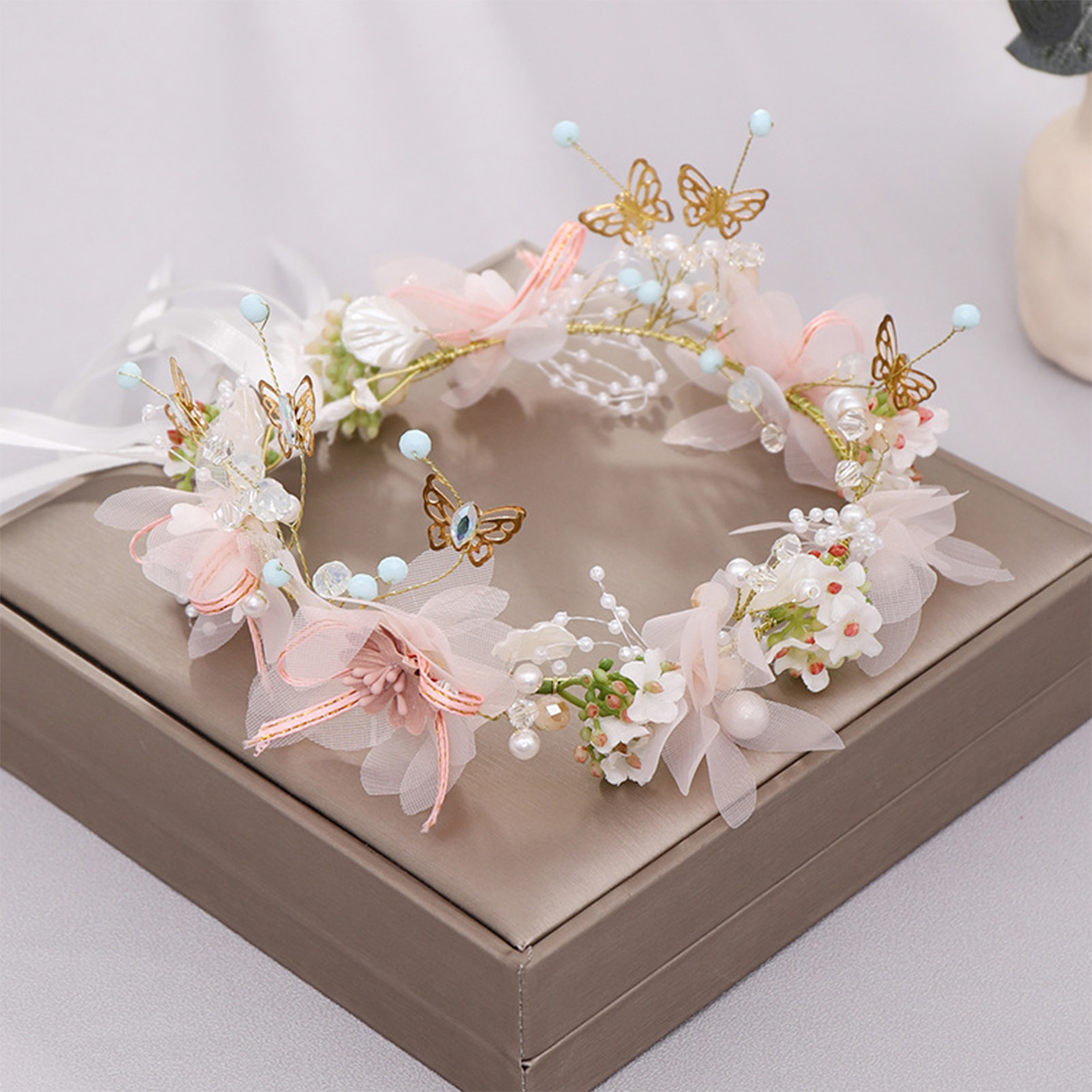 Serre-tête floral pour femmes et filles, couronne de fleurs papillon pour mariée, accessoires de cheveux, guirlande de printemps, coiffe de mariage