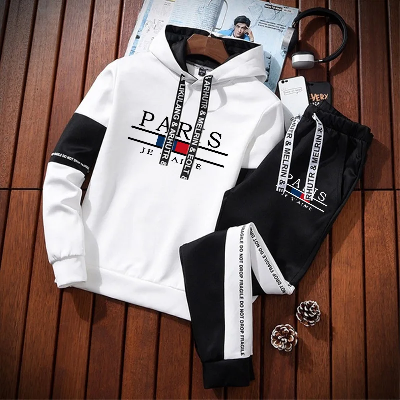 Ensemble de survêtement décontracté pour homme, style urbain, imprimé Paris, collection automne-hiver 2026 : sweat à capuche et pantalon de jogging sportif