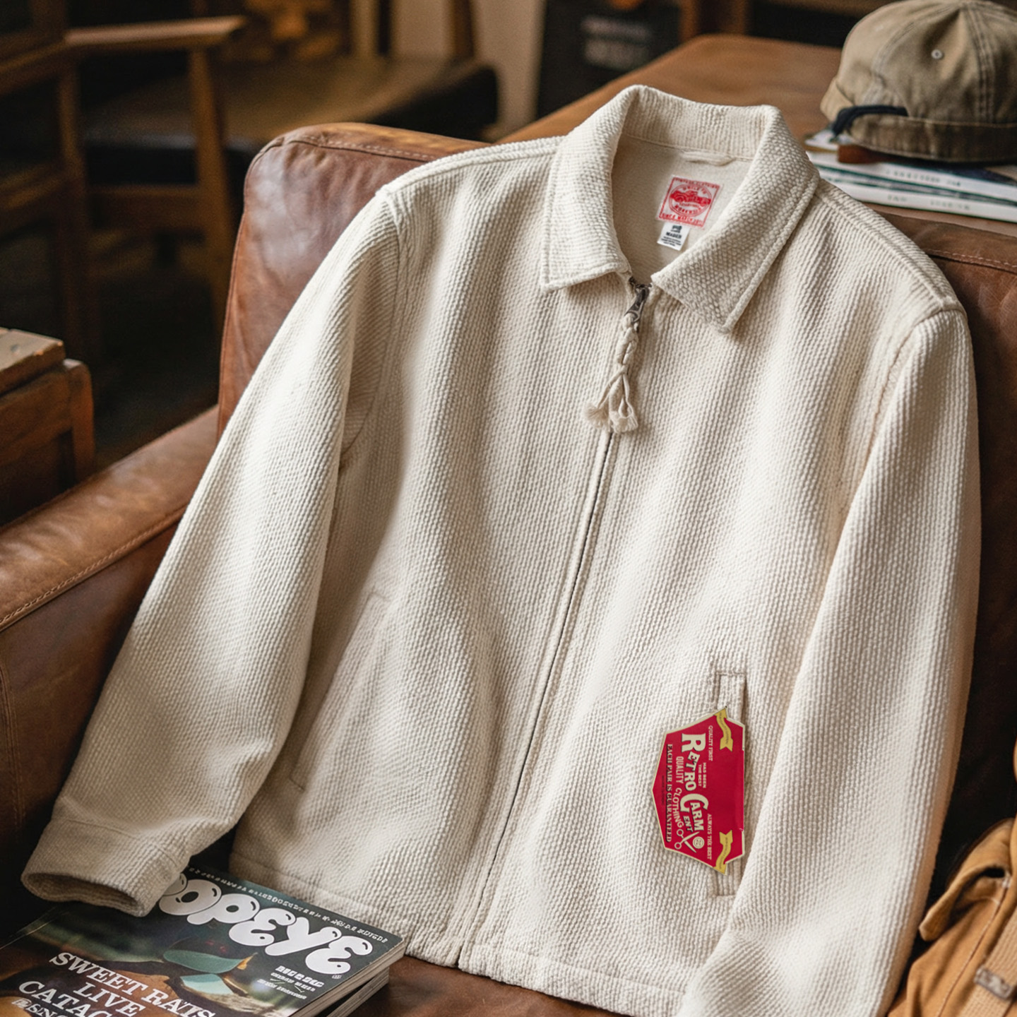 Veste vintage blanche pour homme Maden, en coton lourd, col rabattu, fermeture éclair, veste courte, toile, coupe ajustée, printemps, automne