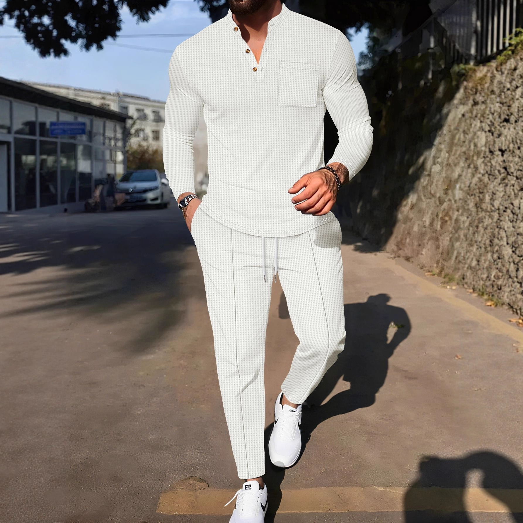Ensemble semi-casual pour homme : chemise boutonnée à col montant et motif gaufré avec pantalon confortable (1 ou 2 pièces)