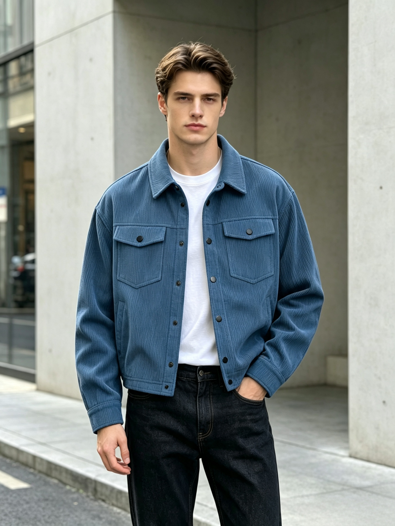 Veste en velours côtelé vintage pour homme, coupe décontractée, style camionneur, col rabattu, fermeture boutonnée, veste de travail avec poches sur la poitrine, printemps A