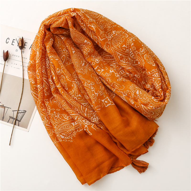 Châle en Viscose à Fleurs de Cajou Orange pour Femme, Écharpe Ethnique Aztèque, Hijab Musulman Bufanda, 180x90cm, Nouvelle Mode