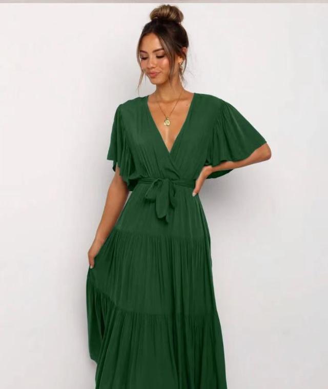 Robe longue décontractée pour femmes, col en V, manches courtes à volants, ceinture à nouer soi-même, volants superposés, tissu léger.