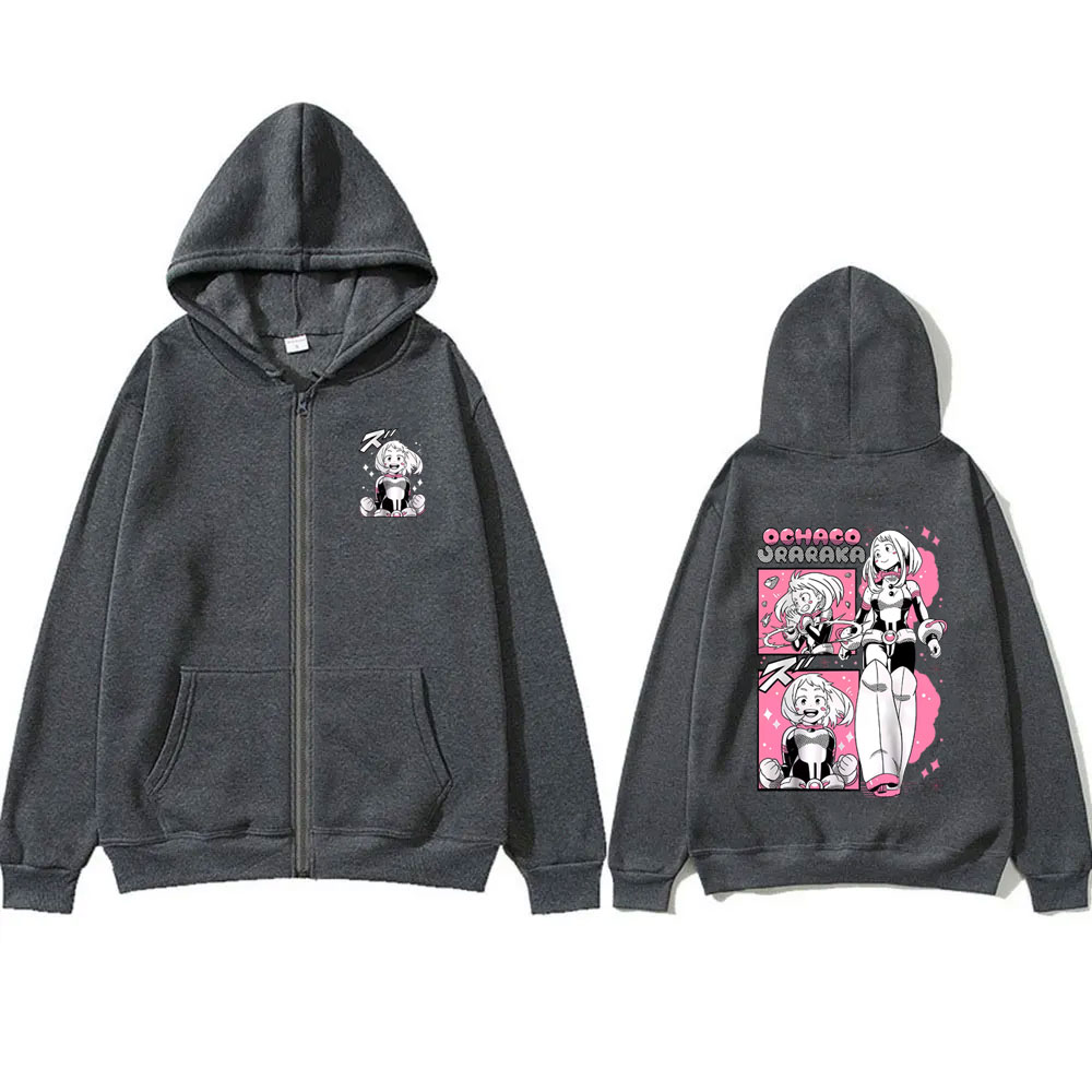 Sweat-shirt à capuche avec fermeture éclair Anime My Hero Academia, veste à fermeture éclair Ochaco Uraraka pour hommes et femmes, Y2k, mignon, Kawaii, surdimensionné