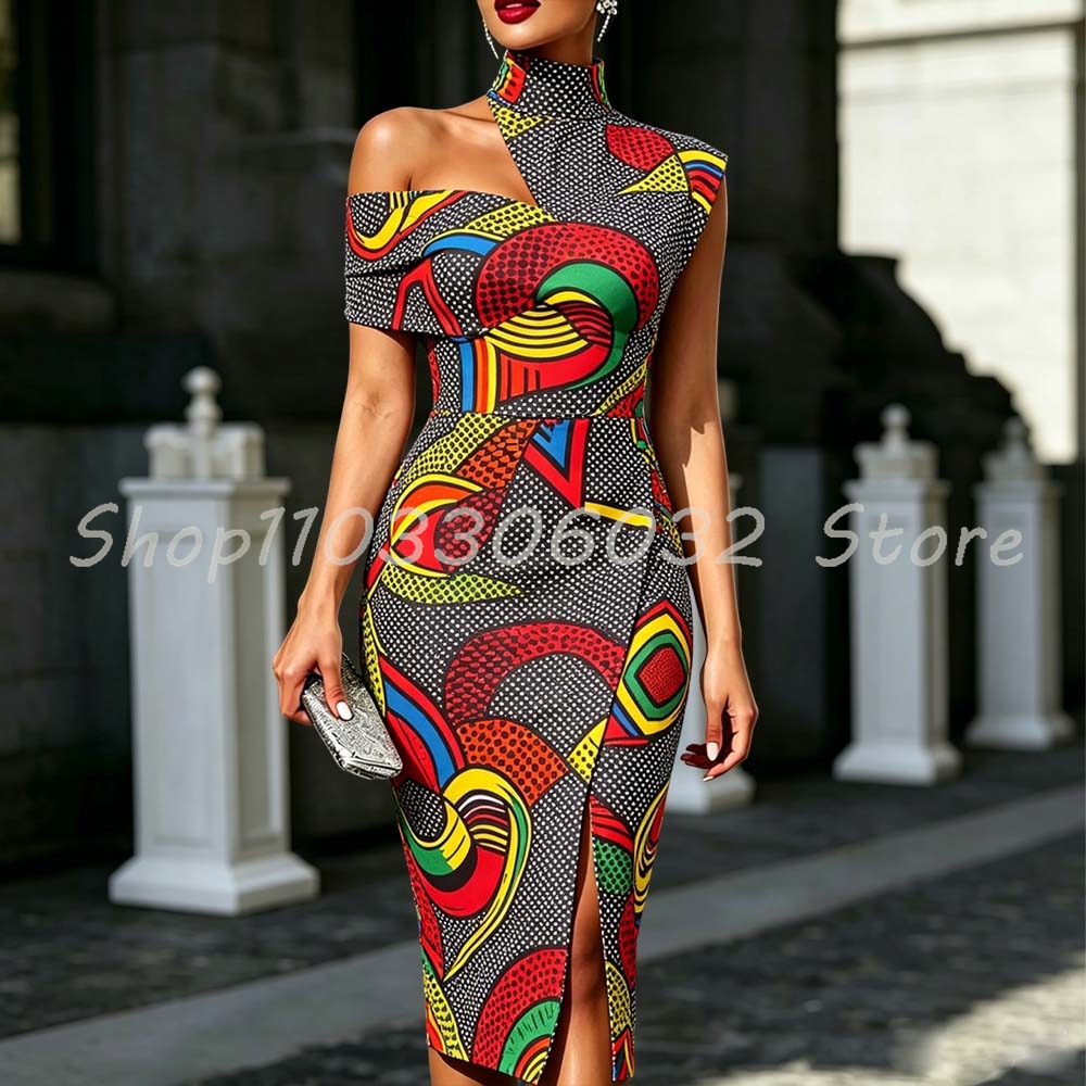 Robe moulante asymétrique à col montant et épaule dénudée pour femme, imprimé Ankara africain, avec fente, idéale pour les soirées et les rendez-vous galants