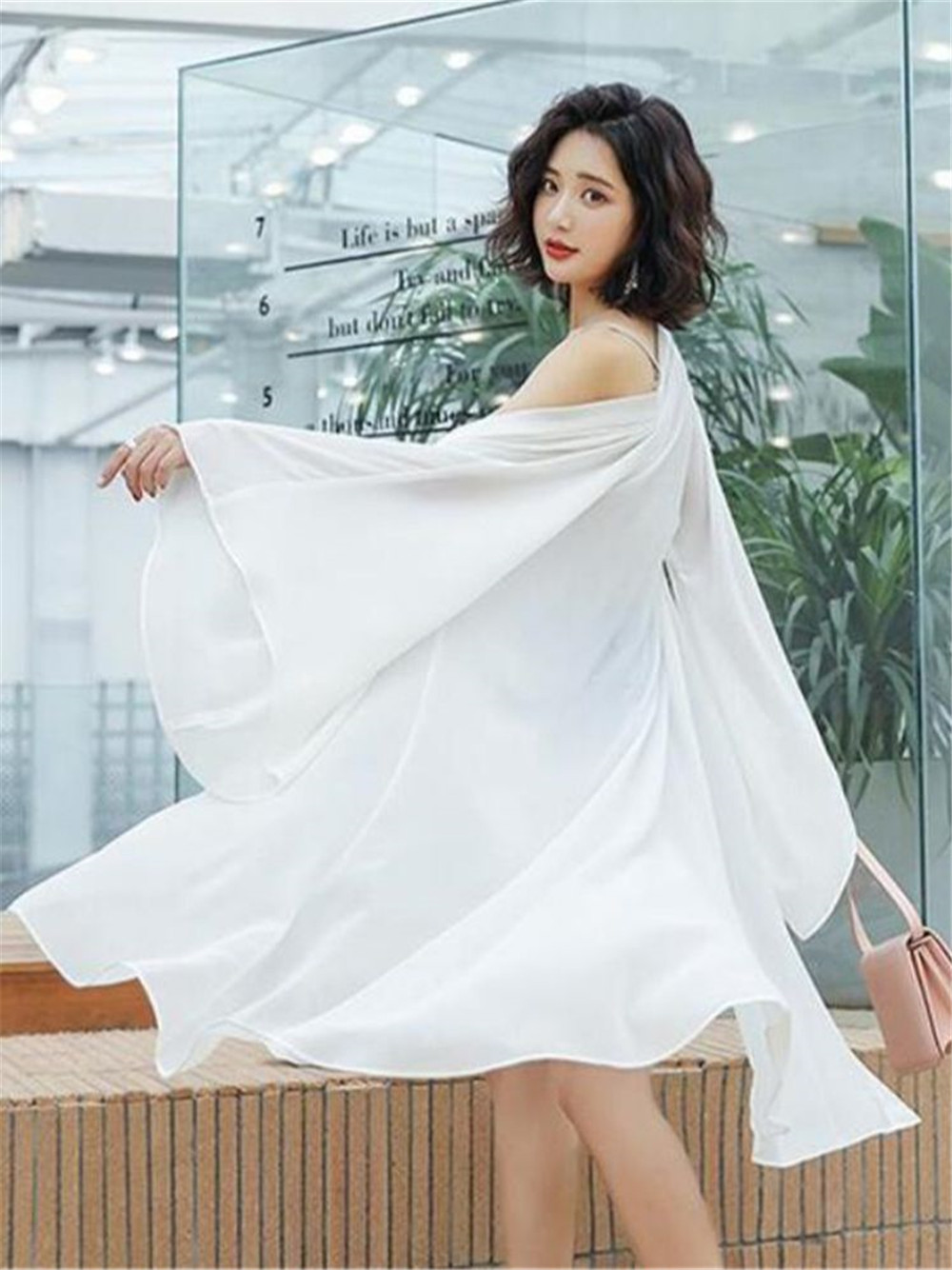 Kimono en mousseline de soie pour femme, cardigan blanc noir et rouge, protection solaire, manches longues chauve-souris, été