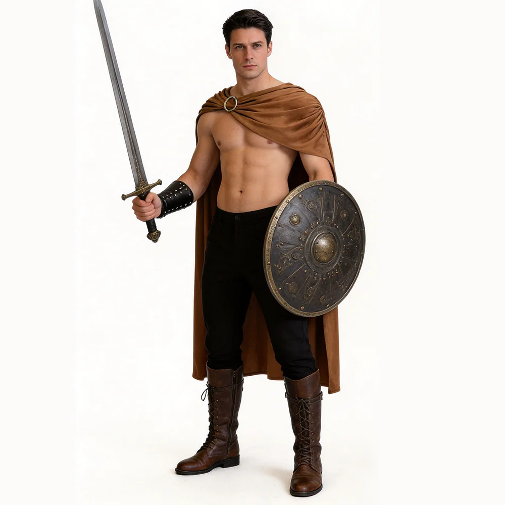 Déguisement de Chevalier Spartiate Guerrier Romain pour Hommes, Cape, Ceinture, Vêtements Noirs, Rouges, Marrons pour Fête de Carnaval