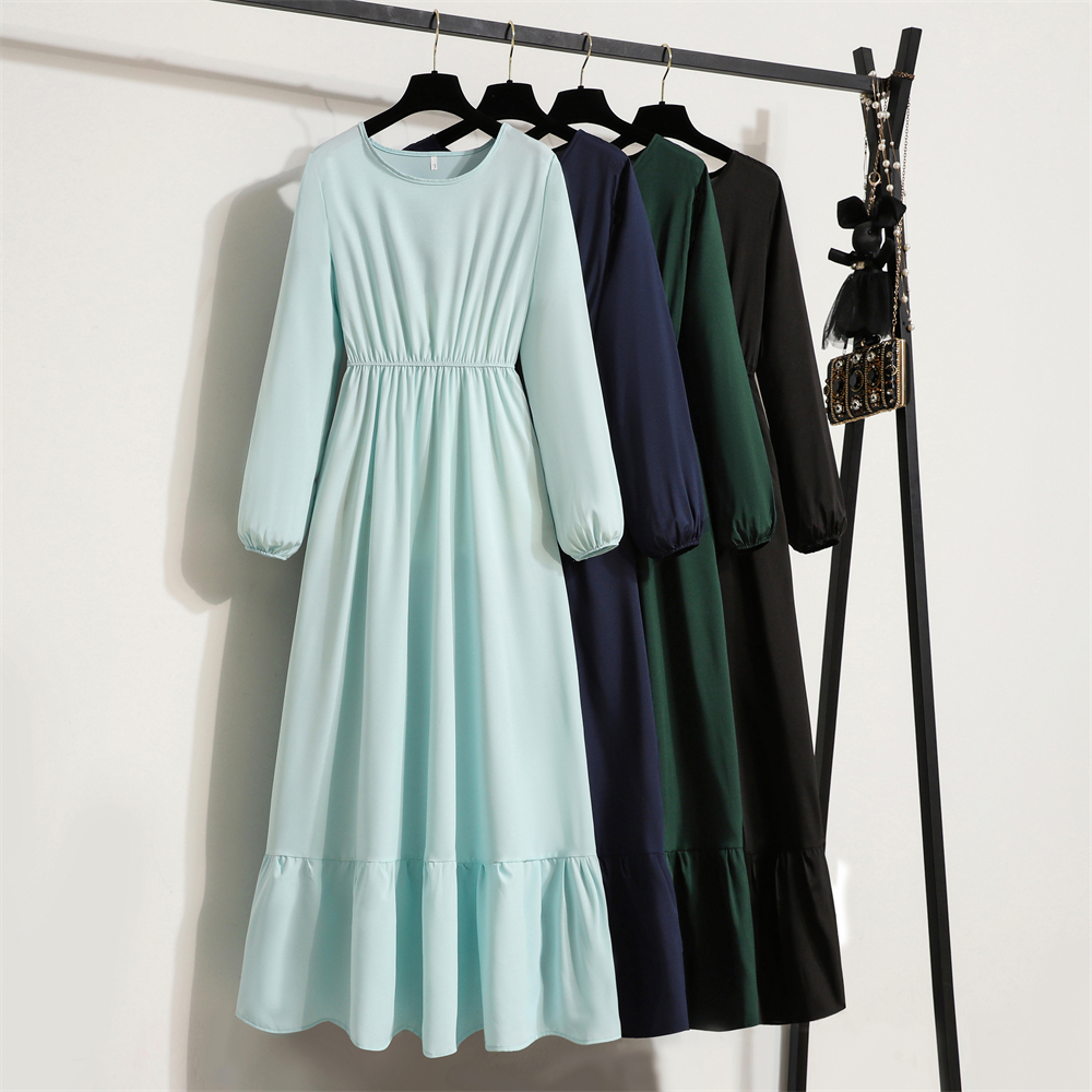 Femmes robe longue printemps automne Mujer robes solide manches longues col rond décontracté robes en mousseline de soie musulman solide robes Maxi en vrac