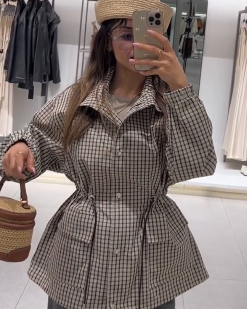 Manteau pour femme 2026 Nouvelle collection automne, gris à carreaux, manches longues, coupe ample, avec cordon de serrage décoratif, style décontracté et tendance, vêtement d'extérieur pour femme