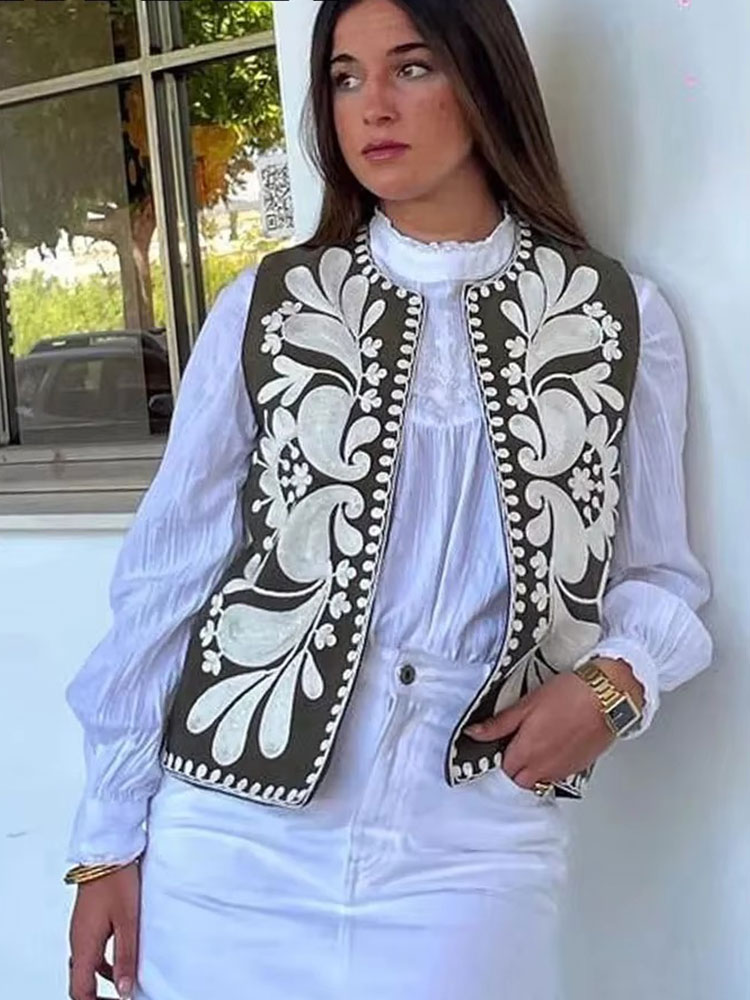 HH – gilet brodé pour femmes, Vintage, décontracté, sans manches, Cardigan, haut à la mode, motif Floral brodé, Y2k