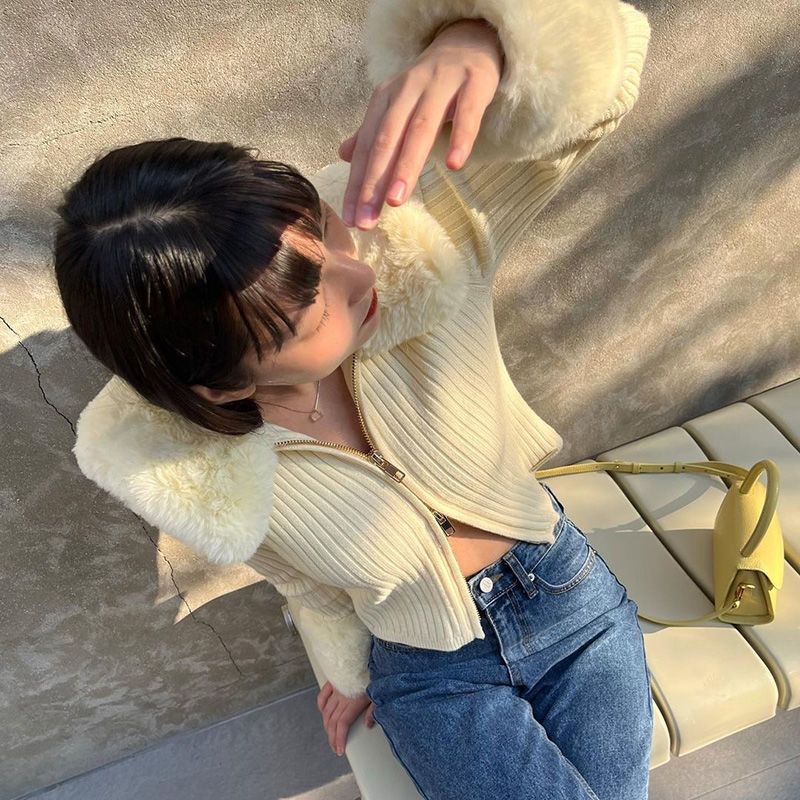 Nouveau pull en tricot pour fille style scolaire, coupe ajustée avec col en fourrure, pull chaud à fermeture éclair double sens style Spice Girl