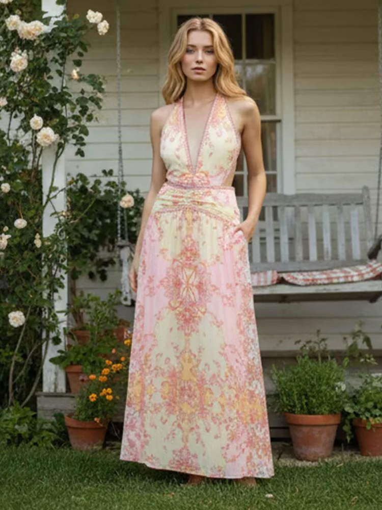 Nouvelle Robe Longue Chic à Imprimé Floral pour Femme, Col Halter, Col en V, Sans Manches, Dos Nu, Taille Cintrée, Idéale pour les Vacances d'Été