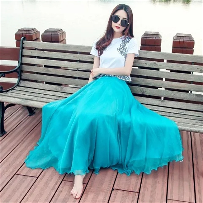 Longue jupe de plage plissée en mousseline de soie, double couche, élastique, taille haute, grande balançoire, gaze, ligne A, haute qualité, printemps, été