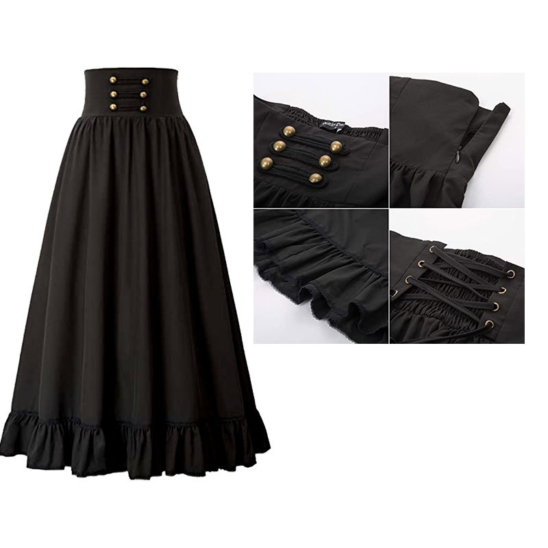 Jupe longue victorienne taille haute pour femme, ourlet à volants gothique, jupe maxi trapèze, jupes de fête plissées, été médiéval, InX4, Steampunk