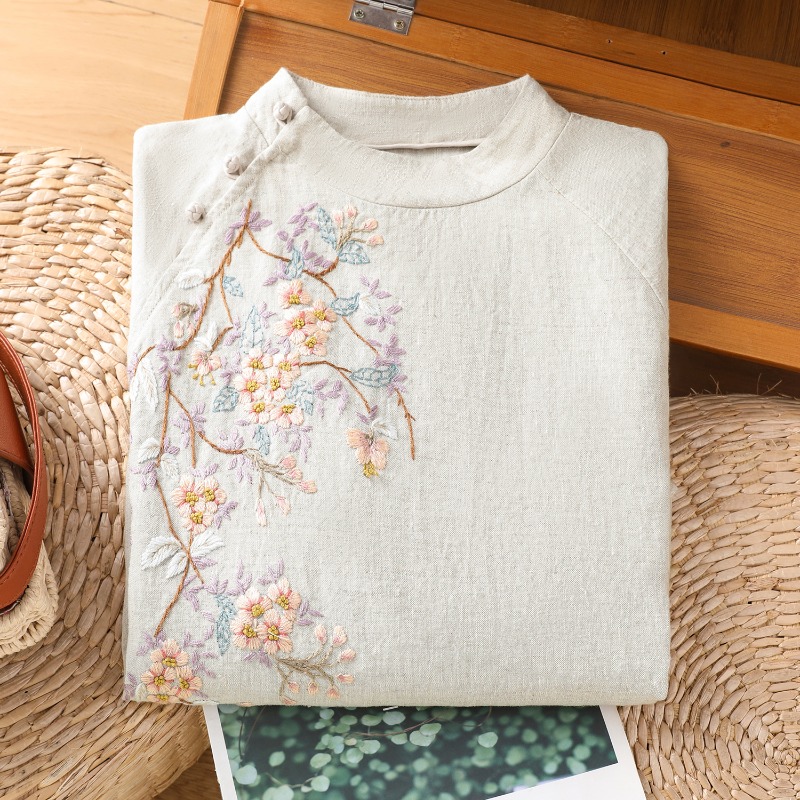 Chemisiers pour femmes de Style chinois chemise brodée coréenne mode ample printemps/été vêtements en coton et lin trois quarts haut pour femme